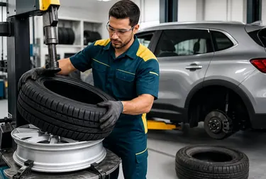 Profissional realizando troca de pneus em um carro.