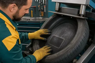 Profissional realizando vulcanização em um pneu.