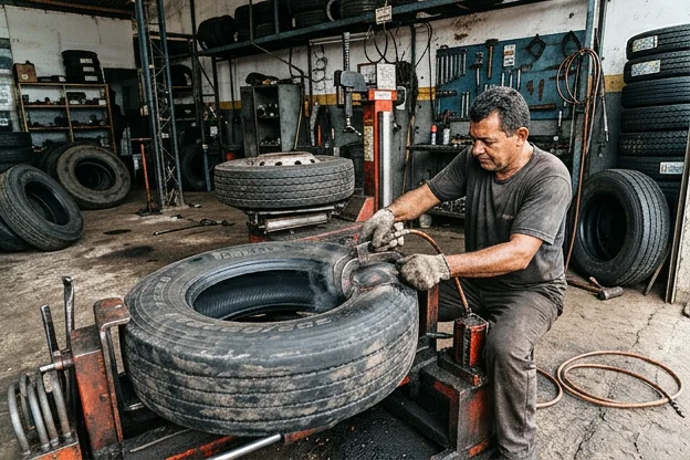 Profissional realizando vulcanização em um pneu.