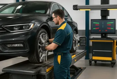 Técnico ajustando alinhamento de rodas em borracharia.