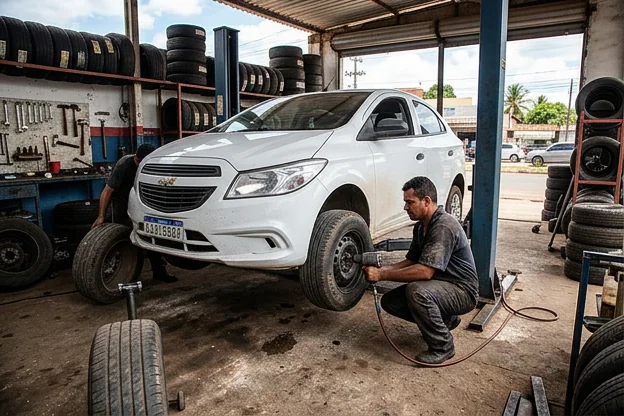 Técnico fazendo rodízio de pneus em um carro.