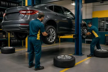 Técnico fazendo rodízio de pneus em um carro.