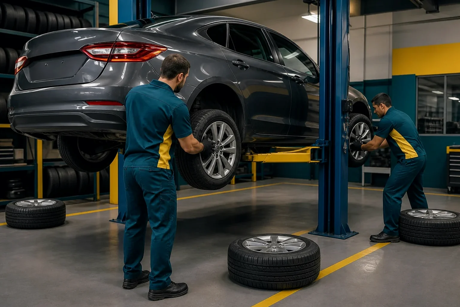 Técnico fazendo rodízio de pneus em um carro.