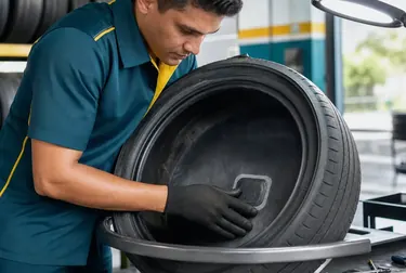 Técnico realizando conserto de pneus em borracharia.