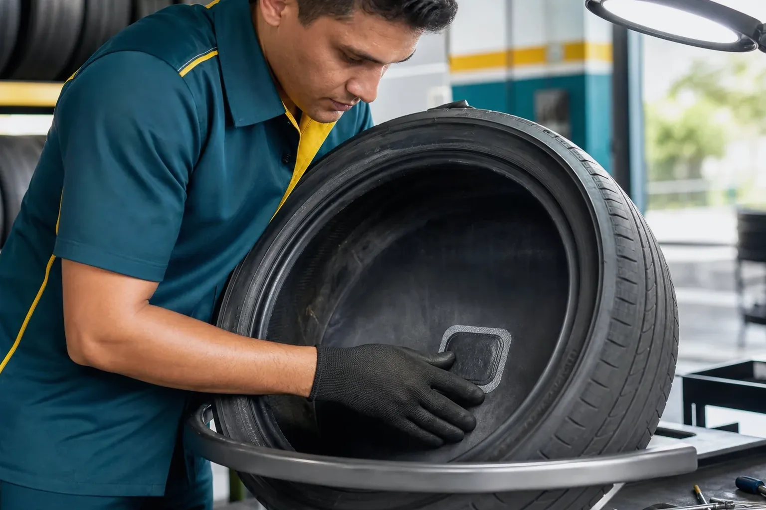 Técnico realizando conserto de pneus em borracharia.